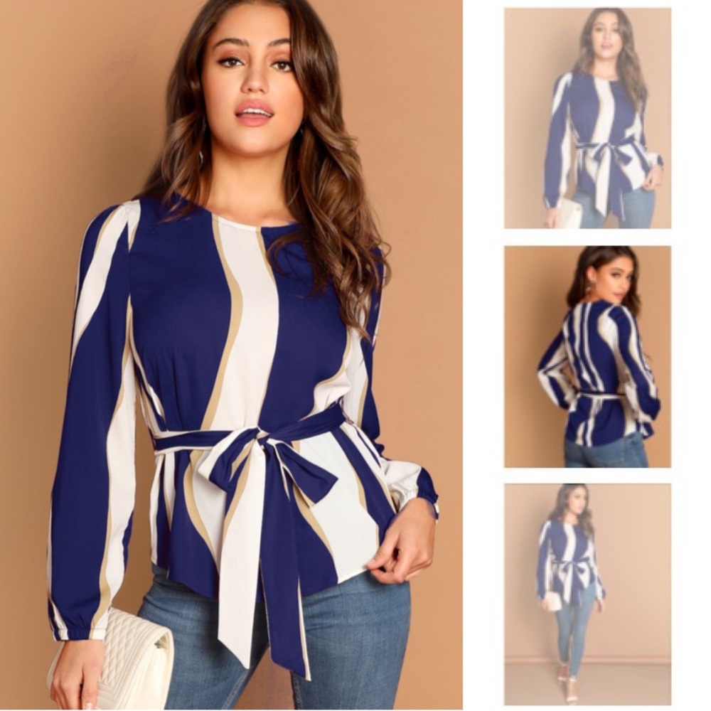 BLUE STRIPED BELTED WAIST TOP - Picture 2 of 3